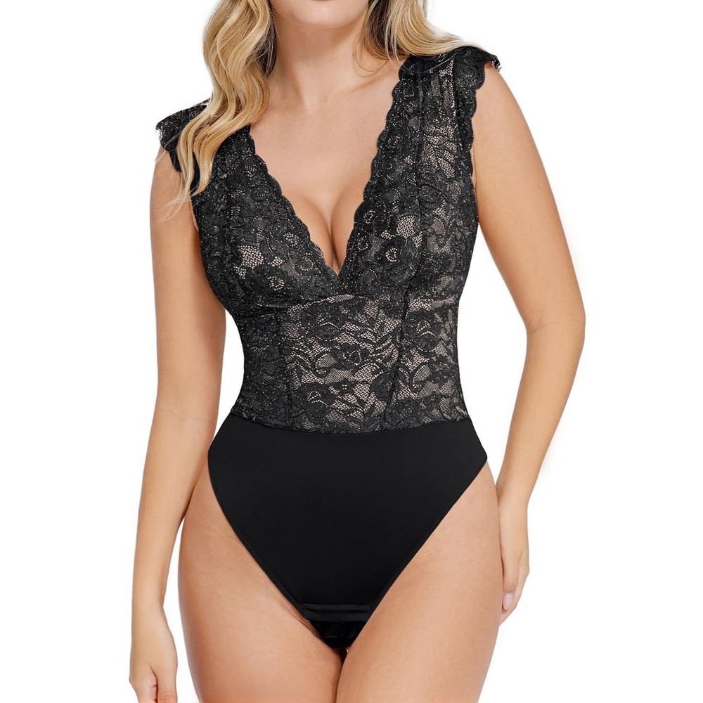 NWT Popilush Lace Thong Bodysuit Tummy Control Shapewear Black Deep V Neck Small